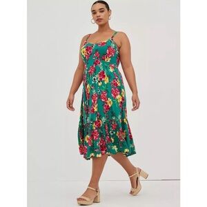 Torrid | Plus Size Super Soft Green Floral Tiered Midi Dress, Size 1X